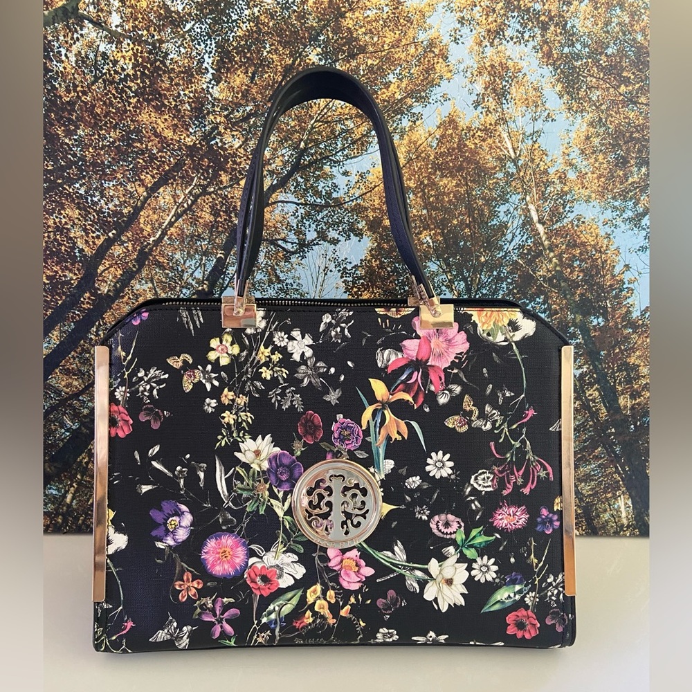 Dasein Black Floral Structured Handbag